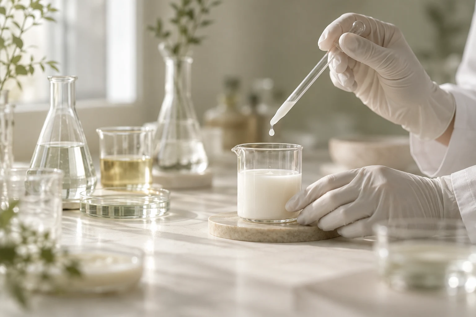 Illustrative cosmetic development process at a laboratory bench
